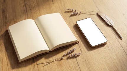 Fototapeta premium Open Journal and Gold Smartphone Mockup - Whimsical Literary Desk