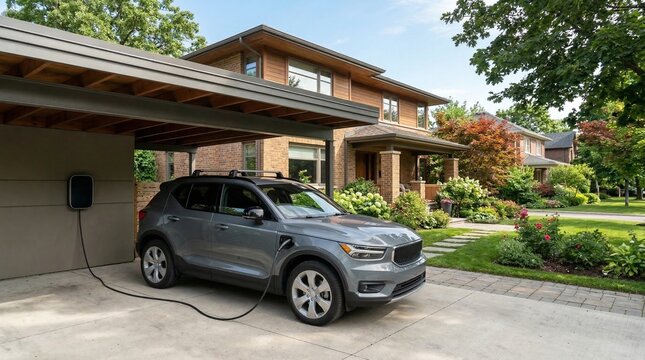 SUV &eacute;lectrique gris en charge sous un carport en bois devant une maison familiale, installation d'une borne de recharge domestique et concept de mobilit&eacute; durable r&eacute;sidentielle.