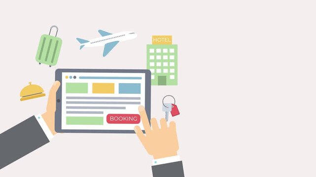 Booking Travel Online On Tablet With Suitcase And Bell