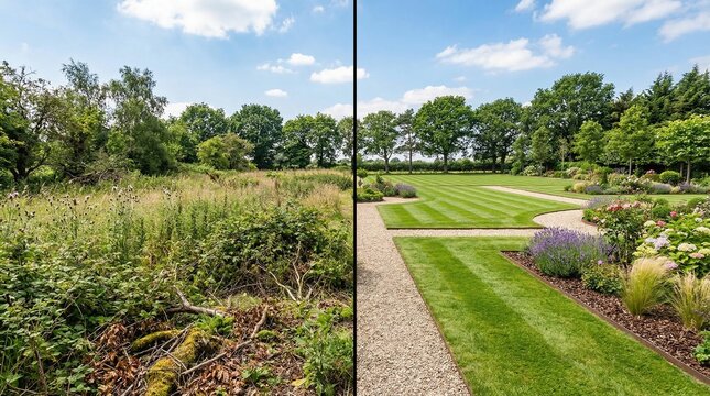 Am&eacute;nagement paysager avant apr&egrave;s, transformation radicale d'un jardin en friche en parc paysager avec pelouse tondue, all&eacute;es de graviers, massifs de fleurs structur&eacute;s et arbres.