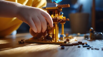 Naklejka premium Child's hands meticulously construct a colorful Lego structure.