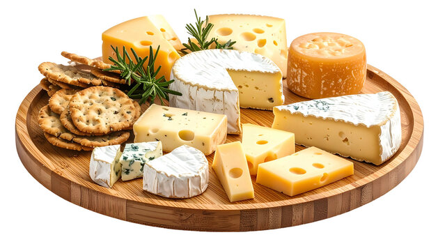 Wooden platter of diverse cheeses and crackers, with sprigs, ready for serving