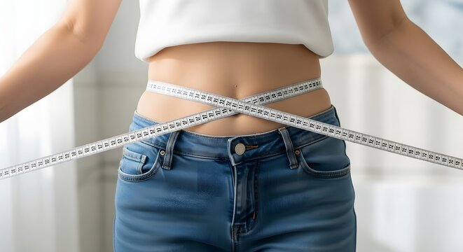 Woman measuring her waist circumference with a flexible tape measure to monitor weight loss progress.