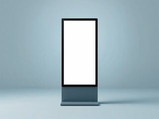 Vertical freestanding digital advertising display with blank screen on a minimal studio background. Modern signage mockup for marketing, branding, and promotional content.