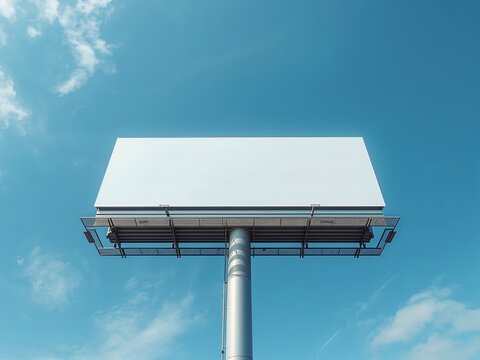 Blank billboard viewed from a low angle against a bright blue sky with clouds. Large outdoor advertising mockup suitable for branding and promotional design.