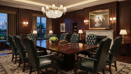 Fototapeta premium A dark dining room with a table and chairs