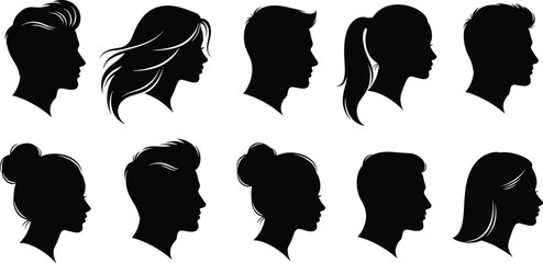 people, head, silhouette, profile, men, women, face, avatar, hairstyle, character, icon, collection, human, side, view, portrait, set, illustration, black, design © MstMousumi