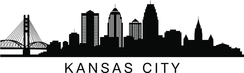 Obraz premium Kansas City Missouri Skyline Silhouette With Suspension Bridge And Tall Buildings vector illustration