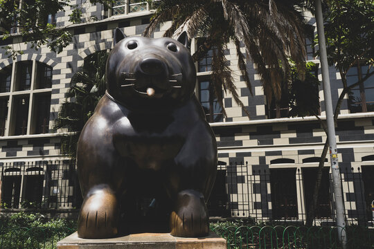 Medellin, Antioquia, Colombia. February 26, 2023. Statue of Colombian artist Fernando Botero in plaza 
