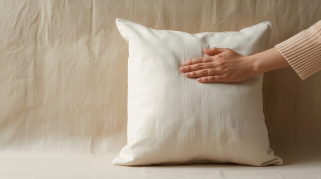 Hand Pressing Cream Slub Linen Cushion on Beige Backdrop