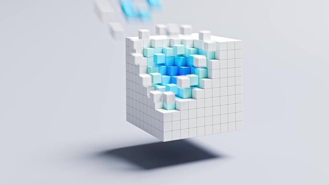 A &ldquo;cube of cubes&rdquo; with white outer and blue inner layers peeling away to reveal colored inner layer. Abstraction layers in computer science, layered structures in materials, high-dimensional data