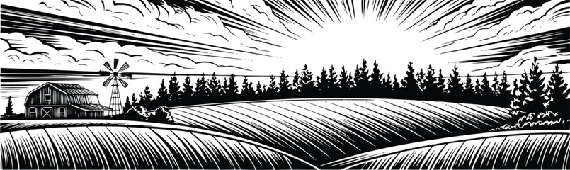 Rural agricultural field panorama with forest background barn and windmill vintage engraving vector illustration nature landscape scenery © SagorKundu