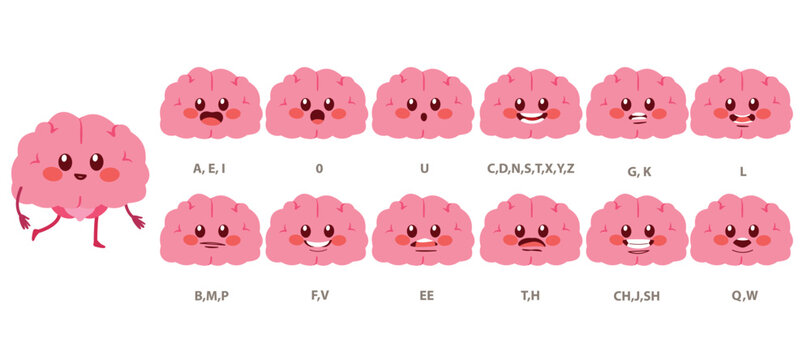 Vector cartoon rigging set of a standing brain mascot with multiple facial expressions designed for animation, character design and educational mental health graphics