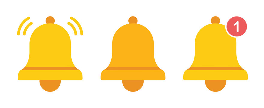 Notification bell icon set for digital alerts, push notifications, reminder alerts, and message updates, simple and modern vector