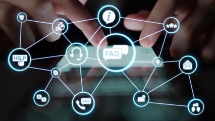FAQ and online help icons show question, answer, and support system. FAQ improves online help experience, customer service quality, and FAQ knowledge access. Funnel