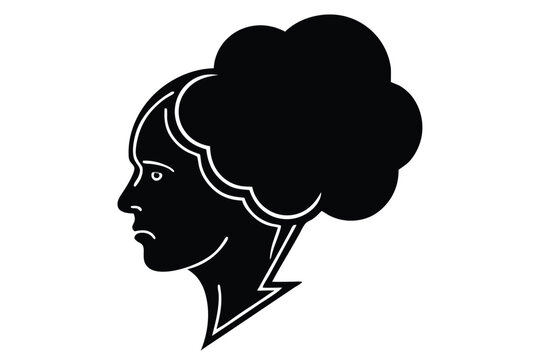Black and white vector illustration of a human head silhouette with a dark storm cloud looming above, representing worry or a difficult situation