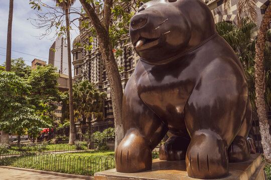 Medellin, Antioquia, Colombia. February 26, 2023. Statue of Colombian artist Fernando Botero in plaza 