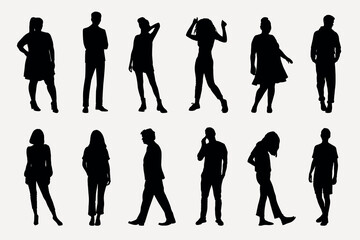 Silhouettes diverse people standing poses vector set