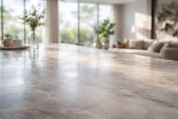 Fototapeta premium Modern home living room featuring bright natural sunlight highlighting a polished marble countertop surface, providing an elegant and spacious backdrop for product display or architectural concepts