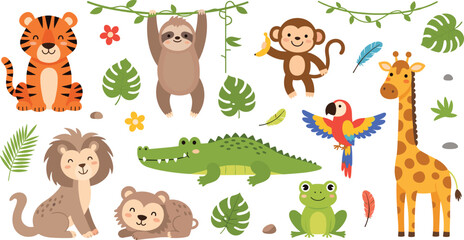 Fototapeta premium Cute Jungle Animals Cartoon Vector Collection Featuring Tiger, Lion, Monkey, Sloth, Giraffe, Crocodile, Frog and Parrot with Tropical Leaves and Nature Elements.