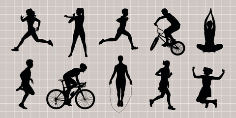Fototapeta premium Silhouettes showcasing diverse physical activities vector set