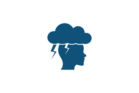 Abstract silhouette of a head with a dark storm cloud above, symbolizing stress and negative thoughts in a minimalist black and white vector style