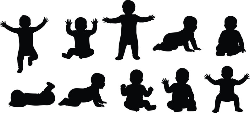 Silhouettes of babies in various poses on a white background baby infant