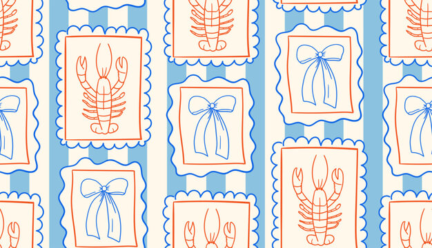 Hand drawn whimsical vector seamless pattern with bows and lobsters in frames on striped background