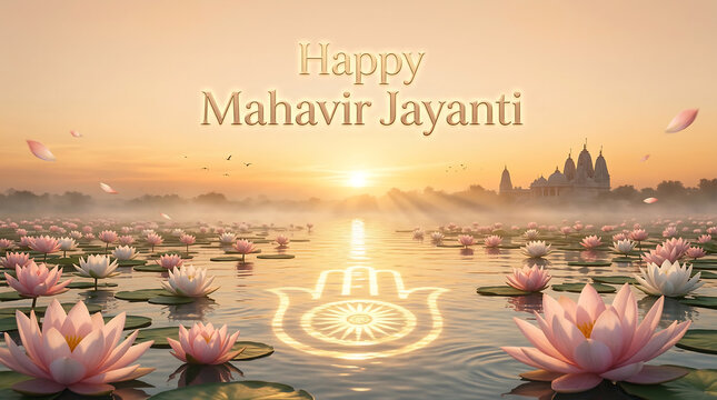 Serene mahavir jayanti celebration with lotus flowers at sunrise reflecting spiritual growth and harmony in nature