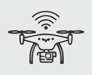 Drone with camera and signal waves line art icon quadcopter aerial
