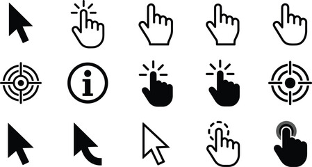 Computer mouse cursor and hand pointer icon set with arrow target and information symbols cad drawing flat vector illustration