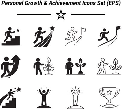 Personal Growth & Achievement Icons &ndash; Minimal Black Outline and Solid Vector Set