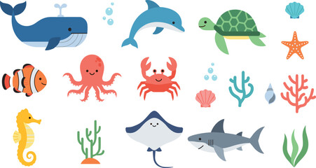 Cute Ocean Sea Animals Cartoon Vector Collection Featuring Whale, Dolphin, Turtle, Shark, Octopus, Crab, Seahorse and Clownfish with Coral Reef Elements. © MstSuborna