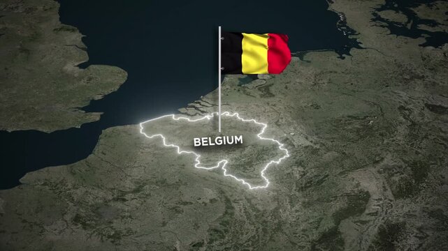 Belgium Border Map Animation with 3D Waving of Belgium National Flag animated on Satellite Map View