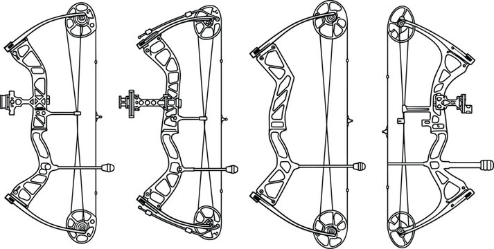 Four compound bow technical line drawings, archery equipment illustration, pulley system design, mechanical detail, sports gear, engineering artwork
