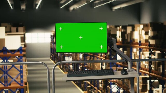 Mockup green screen display in empty warehouse storage facility, featuring computer monitor ready for parcel tracking software integration. E-commerce logistics and shipment details in depot.