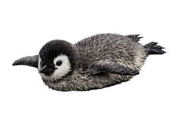 Obraz premium Cute Baby Emperor Penguin Chick Lying Isolated on White Background