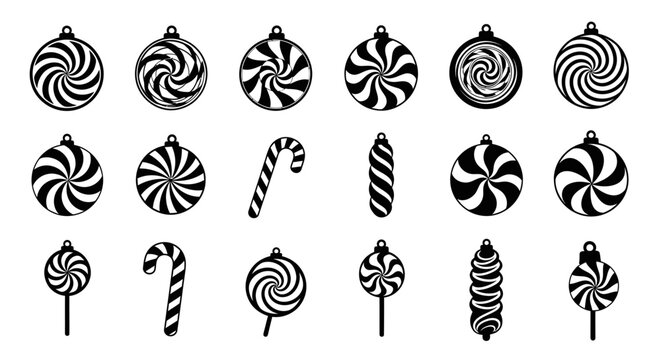 Black and white candy icons including peppermint swirls and canes on white background for festive designs