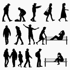 Naklejka premium Assorted silhouettes of people in motion and at rest displaying various activities like walking bending gesturing and sitting on park bench