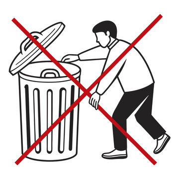 Illustration of a man attempting to rummage through a trash can with a large red cross mark over the scene to indicate no scavenging or dumping