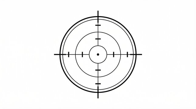 S&iacute;mbolo minimalista de mira telesc&oacute;pica con c&iacute;rculos conc&eacute;ntricos y l&iacute;neas de ret&iacute;cula centradas. Dise&ntilde;o geom&eacute;trico negro aislado sobre fondo blanco que representa precisi&oacute;n, objetivo y enfoque.