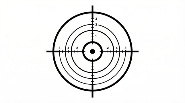 S&iacute;mbolo minimalista de mira telesc&oacute;pica con c&iacute;rculos conc&eacute;ntricos y l&iacute;neas de ret&iacute;cula centradas. Dise&ntilde;o geom&eacute;trico negro aislado sobre fondo blanco que representa precisi&oacute;n, objetivo y enfoque.