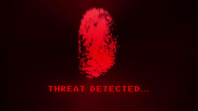 Horizontal Cyber threat detected message with red alert fingerprint scan on black background loop