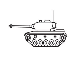 Fototapeta premium A black and white line drawing of a military tank with a long gun and treads