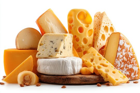 Assorted Cheeses Still Life Close-Up Studio Shot on Wooden Board Featuring Brie Gouda Swiss and Blue Cheese