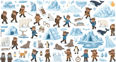 Kids Arctic Explorer Adventure Collection with Polar Animals, Igloo Camp, Snowy Ice Landscape, Sled Travel, and Cute Cartoon Children Polar Expedition Illustration Set © Rownok