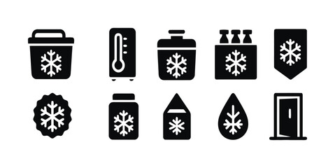 Set of cold and freezer related icons with snowflakes and temperature symbols