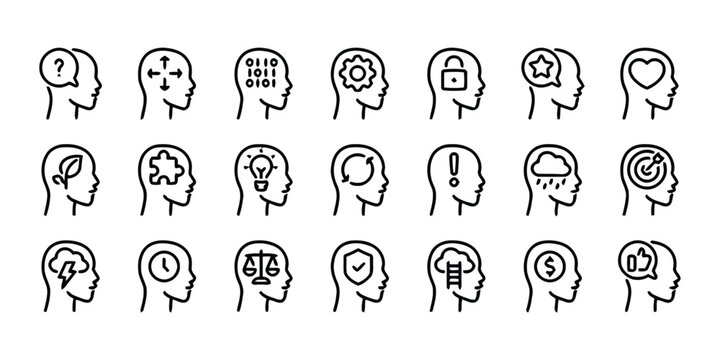 Set of icons representing human head profiles with various concepts like ideas, thoughts, and emotions