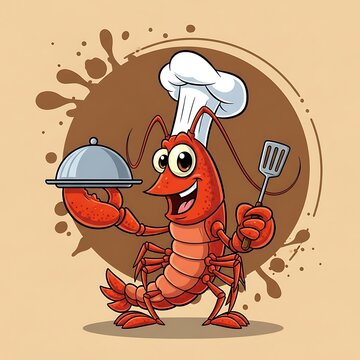 Cartoon Shrimp Chef Holding a Food Cloche and Spatula Ready to Serve Delicious Seafood Dishes