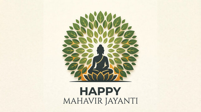 Buddha sits in lotus position surrounded by green leaves on mahavir jayanti symbolizing peace and spirituality